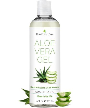 NEW 12oz Organic Aloe Vera Gel for Face, Skin, Hair & Sunburn Relief - by KinRose Care - From 100 Percent Pure Aloe Vera - Cold Pressed, Vegan, Unscented - Made in USA