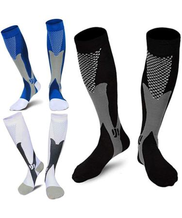 Compression Socks (3 Pairs) for Men Circulation 20-30 mmhg Medical Compression Stockings Women Nursing Black+Blue+White XXL