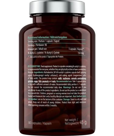 Essensey N-Acetyl L-Cysteine 150mg | 90 Vegetarian Capsules | High Bioavailability | Easy to Swallow | Pure & Additive-Free | International Shipping - Buy Online on GoSupps.com