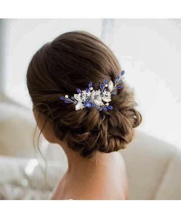 Casdre Blue Crystal Bride Wedding Hair Comb - Silver Rhinestone Bridal Hair Piece with Pearl Accents - Buy Online on GoSupps.com