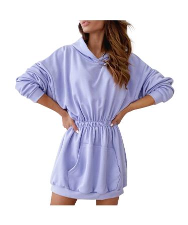 Ladies Color cat Print Contrast Color O Neck Dress Pocket Long Sleeve Loose Sweatshirt Dress Summer Day Dress (Blue-C, S) Small Blue-c