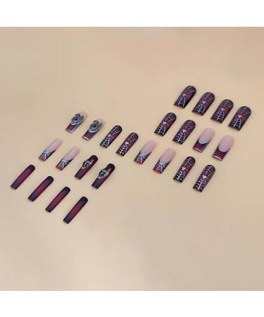 Shop Halloween Press On Nails - Spider Web French Tip Acrylic Nails with Charms | Dark Red Full Cover Glue-On Nail Art - Buy Online on GoSupps.com