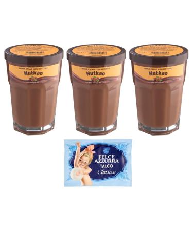 Nutkao Crema Cacao con Nocciole Lot de 3 crèmes à tartiner au cacao aux noisettes, crème italienne, pot de 330 g + 1 sachet de talc Felce Azzurra gratuit 100 g