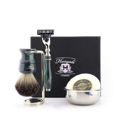 Haryali London Men's Shaving Set with 3 Blades Pure Black Badger Hair Shaving Brush Stand Soap and Bowl
