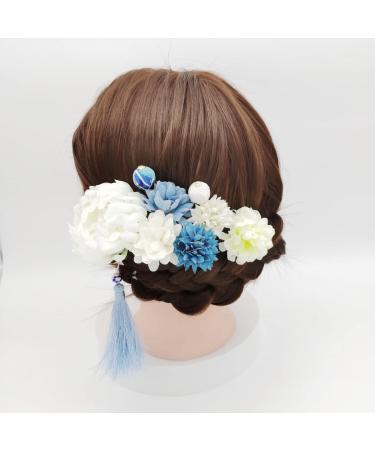 Japanese Kimono Hair Clips - Chiffon Flower Hairpins with Tassel | 9-Piece Set of Women's Hair Accessories for Weddings & Photo Props - Yellow - Buy Online on GoSupps.com