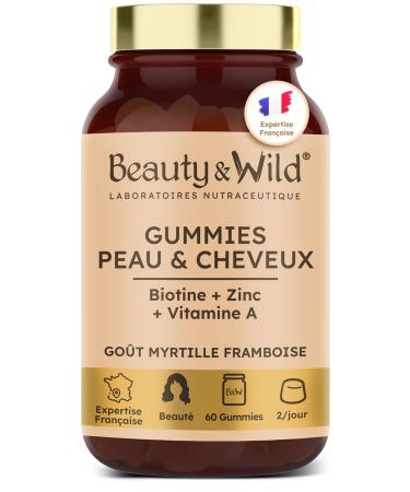 Skin & Hair - Dietary supplement Biotin Vitamin A C E B6 B8 Zinc - Beauty of the skin and hair - 1 month cure - Blueberry Raspberry taste - 60 Gummies - Beauty&Wild