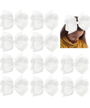 10 PCS Large 8 White Hair Bow Clips Grosgrain Ribbon Solid Color Hair Bow With Alligator Clips Hair Accessories for Teen Toddler Little Girls