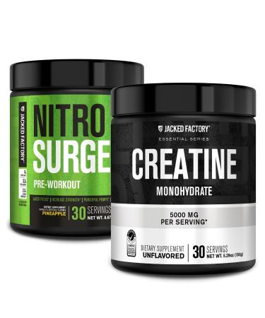 Jacked Factory NITROSURGE Pre Workout Supplement (Pineapple 30 Servings) & Creatine Monohydrate Powder (Unflavored 30 Servings)