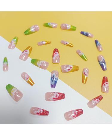 Shop Flower Press on Nails - Long Coffin Shape Medium Length Colored French Tips Light Floral Design Purple Acrylic Glue-on Nails 24 Pcs - Stylish & Durable False Nails for Women - Buy Online on GoSupps.com