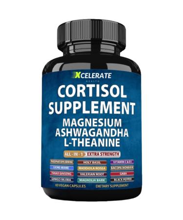 Cortisol Capsules Magnesium Ashwagandha, L-Theanine, Lions Mane, Holy Basil, Ginkgo Biloba, Rhodiola Rosea Bacopa Monnieri GABA, Panax Ginseng Valerian Root Magnolia Bark (Label May Vary) Supplement