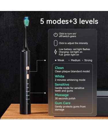 Rechargeable Electric Toothbrush for Adults - 6 Replacement Heads 5 Modes - Buy Online Internationally (Black - Buy Online on GoSupps.com