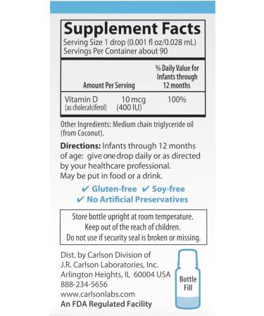 Carlson Laboratories Super Daily D3 for Baby 0.086 Fl oz 90 Drops (0.086 Fl Oz) (Pack of 1) - Buy Online on GoSupps.com