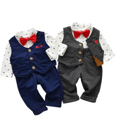 Famuka Baby Boy 3 Piece Formal Suit with Bows Waistcoat | Gentleman Tuxedo Navy | 1-9 Months - Buy Online on GoSupps.com