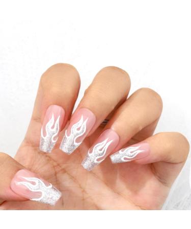 Sethexy French Long Coffin False Nails - Handmade Glitter Flame Nail Art | Glossy Acrylic Removable Nails for Women & Girls - Buy Online on GoSupps.com