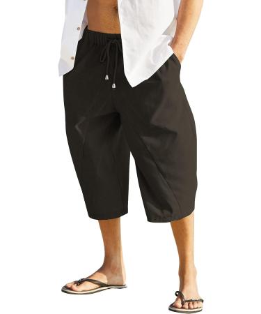 COOFANDY Men Cotton Linen Capri Pants - Drawstring Baggy Harem Yoga Beach Pants, Dark Brown - Buy Online on GoSupps.com