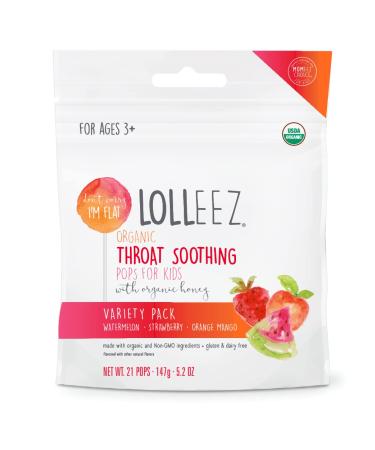 Lolleez Organic Sore Throat Soothing Pops for Kids Strawberry Orange Mango, Variety Pack, Watermelon, 21 Count 21 Count (Pack of 1)