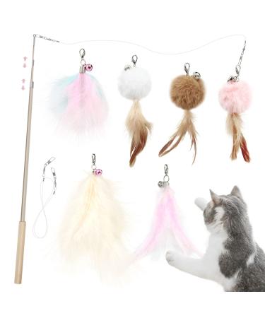 SONGWAY Cat Toy Feather Wand - 7 PCS Cat Feather Toys Retractable Cat Wand Toys with 6 Feather Refills with Bell Interactive Cat Toy for Indoor Cat and Kitten Pink