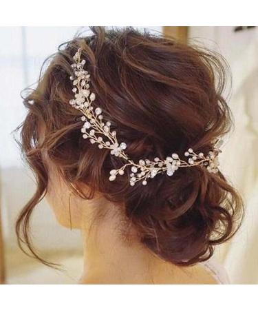 Handcess Bridal Wedding Crystal Hair Vine Pearl Silver Headpiece Rhinestone Bridal Hair Accessories for Women and Girls (Gold)