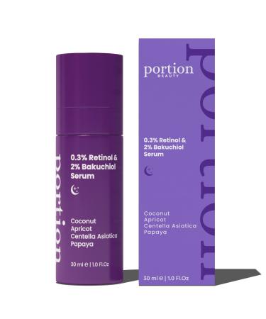 PORTION Retinol Face Serum - Anti Aging Serum for Face: 0.3% Retinol & 2% Bakuchiol - Simple Serum for Skin Care: Retinol Serum to Moisture & Repair Skin - Facial Serum w/ Apricot & Papaya Oil 30ml