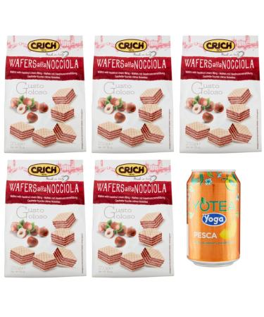 Crich Wafers with Hazelnut Cream 5 Pack Sweet Biscuits with Hazelnut Cream, 250g Bag + 1 Can of Peach Yoga Iced Tea 330ml