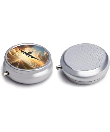 Round Airplane Print Pill Box - 3 Compartment Portable Metal Organizer | Decorative Pocket Pill Case for Medicines - Buy Online on GoSupps.com