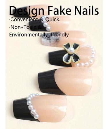 verysparkling 24pcs Black Bow Coffin Fake Nail Black Bow Faux Pearl Press on Nails Black Bow Coffin Nails Luxurious Nails Acrylic Nails Fake Nails For Women Girls - Buy Online on GoSupps.com