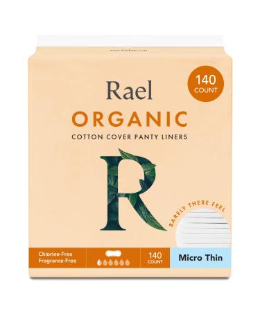 Rael Organic Cotton Cover Panty Liners - Everyday Freshness, Daily Panty Liners, Chlorine Free, Unscented (Micro Thin,140 Count ) 140 Count (Pack of 1)