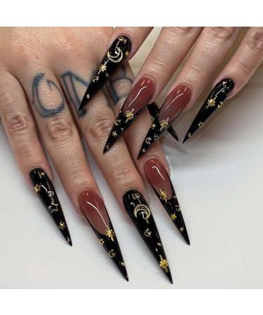 Black Press on Nails Long Stiletto French Tip Fake Nails with Gold Moon Star Design Glue on Nails for Women Acrylic False Nails Stick on Nails Manicure Press on Nail for Wedding 24Pcs