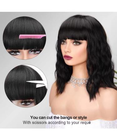 Chic 14 Inch Natural Black Bob Wig with Bangs for Women - Elegant Short Curly Wavy Hair Extensions - Buy Online on GoSupps.com