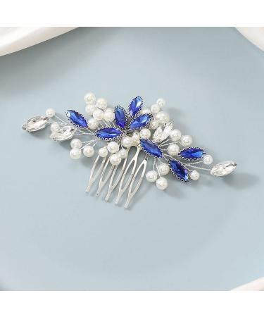 Latious Crystal Bride Wedding Hair Comb Silver Pearl Bridal Hair Clip Blue Rhinestone Hair Piece Gem Hair Accessories for Women and Girls