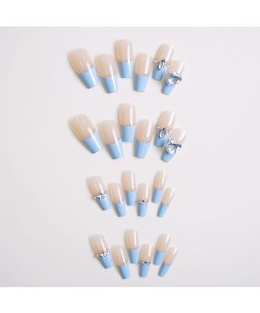 French Tip Press on Nails - Mid length Press On Nails with Nail Tips Blue Edge Love Diamond Chain Design Glossy white press on nails Acrylic False Nails Cute Artificial Nails - Buy Online on GoSupps.com