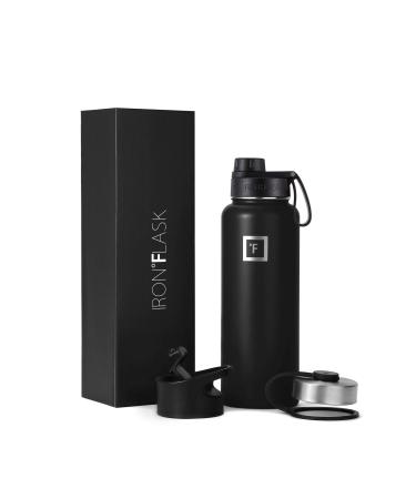 IRON FLASK Sports Water Bottle - 40 Oz, 3 Lids (Spout Lid), Leak Proof, Vacuum Insulated Stainless Steel, Double Walled, Thermo Mug, Metal Canteen 40 Oz Midnight Black