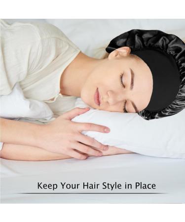 2 Pcs Satin Bonnet Night Sleep Caps with Wide Elastic Band Silk Bonnet for Sleeping Elastic Wide Band Night Sleep Bonnet Soft Satin Sleep Caps Hair Cap for Women Girls Curly Hair(Black&Burgundy) - Buy Online on GoSupps.com