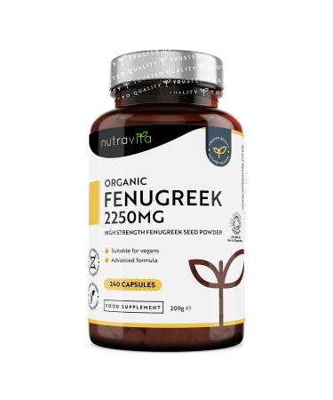 Fenugreek Bio 2250mg per dose of 3 Capsules, Up to 8 Months Supply - 240 Fenugreek Vegan Capsule - 1-3 Capsules per Day, Food Supplement Made in England - Nutravita