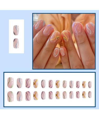 24 Pcs French Press Fake Nails - Cute Smiley Face Design Oval Stick-On Acrylic Nails for Women & Girls | International Shipping Available - Buy Online on GoSupps.com