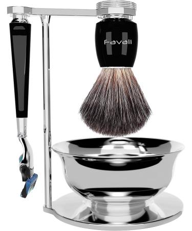 Favali 4 in1 razor brush set razor plane stand - shaving bowl - rasping shell - brackets made of roof hair imitation - with fusion 5 wet razing men (with 5 -fold blade) - luxurious gentlemen gift set - stainless steel shaving set -5