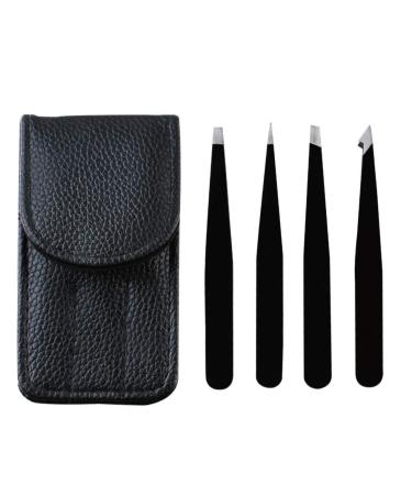 Tweezers set 4 in1set-professional stainless steel tweezers eyebrow trimming facial hair removal facial cleaning aids high-precision tweezers for men and women (BLACK)