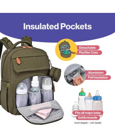BabbleRoo Large Diaper Bag Backpack - Army Green | Includes Changing Mat Pacifier Bag & Stroller Straps - Perfect for Parents - Buy Online on GoSupps.com