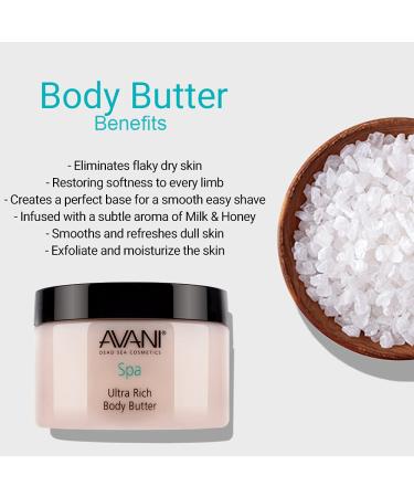 Avani Ultra Rich Body Butter with Dead Sea Salt, Aloe Vera, Vitamin E, Shea, Jojoba, Sunflower & Olive Essential Oil - Natural Exfoliating & Moisturizing Butter for All Skin Types - Milk & Honey Fragrance - Buy Online on GoSupps.com