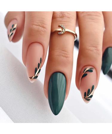 Almond False Nails Short 24Pcs French Fake Nail with Leaves Design Dark Green Press on Nails Pretty Oval Nails Tips Acrylic Stick on Nails for Women Girls Nail Art