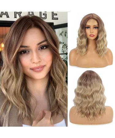 Mychanson Short Wavy Bob Wig Ombre Brown Hair Wig Middle Part Blonde Synthetic Curly Wigs for Women Daily Use (14Inch,Honey Brown Mix Light Brown) 16/18 Blonde