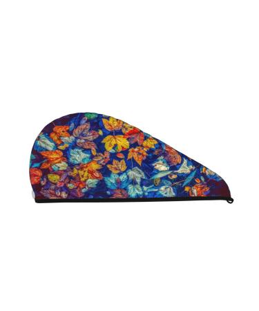 Colorful Fall Leaves Woman's Coral Velvet Dry Hair Cap with Button Quick Dry Turban for Wet Hair Long Thick Hair Bath Shower Hair Cap Anti Frizz Hair Wrap Towel Strong Water Absorption Colorful Fall Leaves One Size