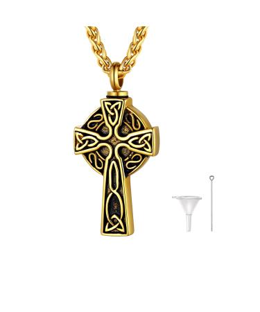 U7 women creamation urn necklace for ash cycle of life/Celtic knot/dog feet/wings/crucifix/cylinder urn chain stainless steel pendant chain fire burial jewelry for men 02-gold