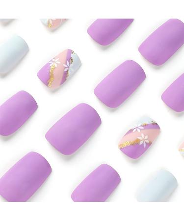 24pcs Square False Nails Blue Purple Daisy Flower Glitter Gold Press on Nails - Women Girls Nail Art Accessory - Buy Online on GoSupps.com