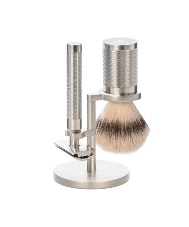 M HLE ROCCA shaving set 3-piece - safety razor shaving brush with silvertip fibre holder - stainless steel handles