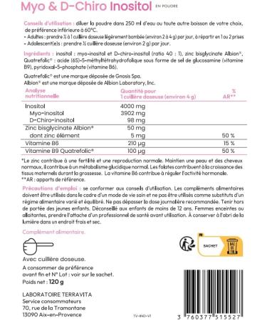 Myo-Inositol + D-Chiro-Inositol | Avec Zinc Bisglycinate B6 et Acide Folique B9 Quatrefolic | SOPK Soutien Hormonal et M tabolique | Ratio Optimal 40:1 | 120 Grammes Poudre Go t Neutre | Terravita - Buy Online on GoSupps.com
