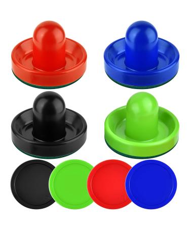 Coopay Air Hockey Pushers and Thicker Air Hockey Pucks, Goal Handles Paddles Replacement Accessories for Game Tables (4 Striker, 4 Puck Pack) Red, Black, Blue, Green