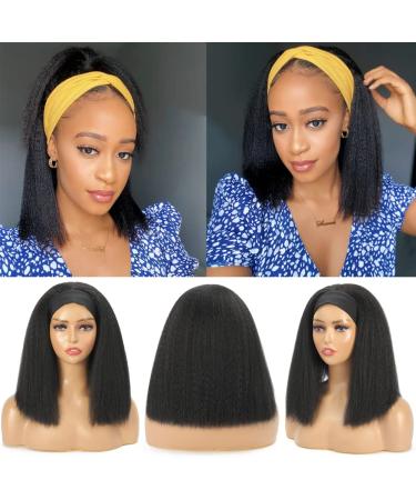 Headband Wigs for Black Women Kinky Straight Hair Szphoxer Synthetic Headband Wig Short Yaki Straight Wigs 14 inch Machine Made None Lace Front Wigs With Headband Attached Natural Black Color 14 YS-HD