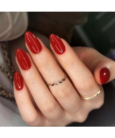 Artquee Red Almond Press on Nails Short Fake Nails Art Solid Color False Nails Glossy Reusable Stick on Nails in 15 Sizes - 30 Nail Kit