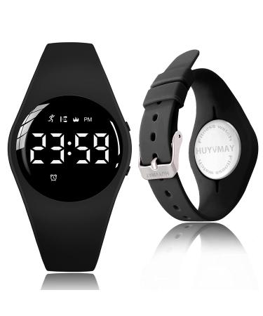 HUYVMAY Fitness Tracker Pedometer Watch No App No Phone Required, USB Charge 1 Hour for 20 Days Use, IP68 Waterproof Watch with Alarm Clock Timer Distance Calorie Step Tracker for Kids and Women Black